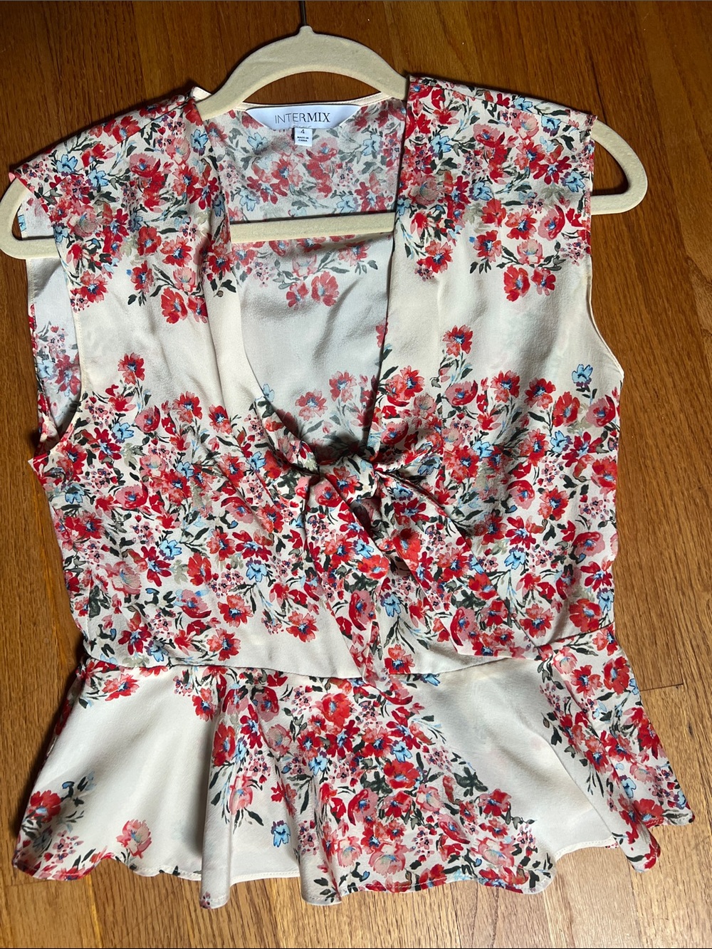 INTERMIX Cream Floral Tie-Front Peplum Blouse